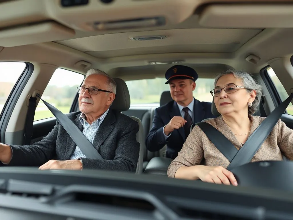 Elderly couple enjoying a relaxed ride in a comfortable car with a chauffeur, photorealistic, spacious and welcoming interior atmosphere