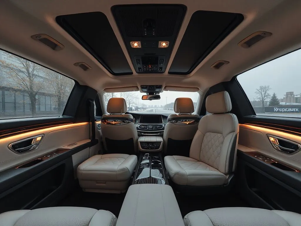 Luxurious interior of a VIP car with amenities like internet, plush seating in a modern and clean design, professional photography style