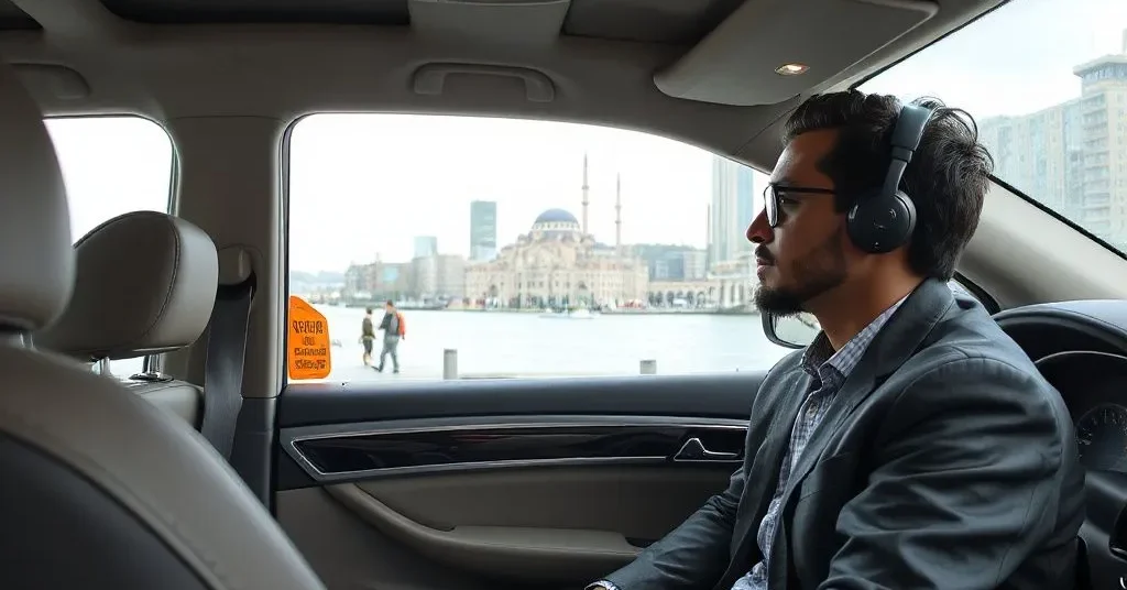 High quality image of a luxury car in Istanbul with a professional driver, modern cityscape in background, photorealistic, clean and comfortable interior suggesting travel and exploration, سيارة مع سائق في طرابزون