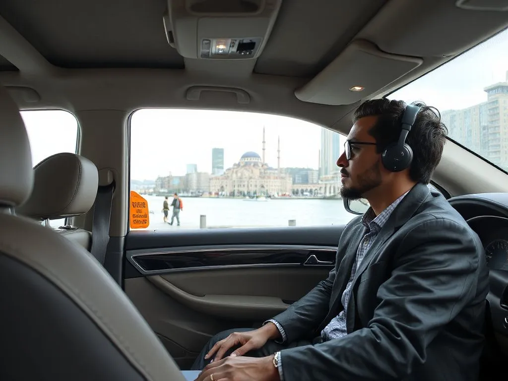 High quality image of a luxury car in Istanbul with a professional driver, modern cityscape in background, photorealistic, clean and comfortable interior suggesting travel and exploration, سيارة مع سائق في طرابزون