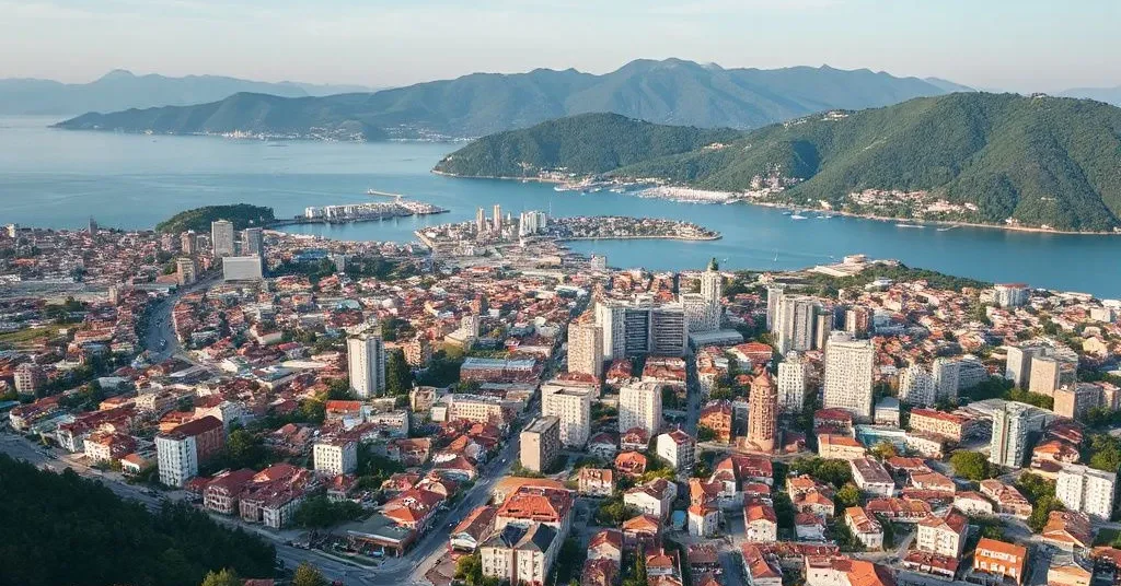 Aerial view of Trabzon cityscape with the blend of the Black Sea and the green mountains, photorealistic, high quality, dramatic lighting, scenic landscape