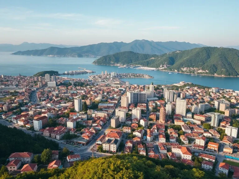 Aerial view of Trabzon cityscape with the blend of the Black Sea and the green mountains, photorealistic, high quality, dramatic lighting, scenic landscape